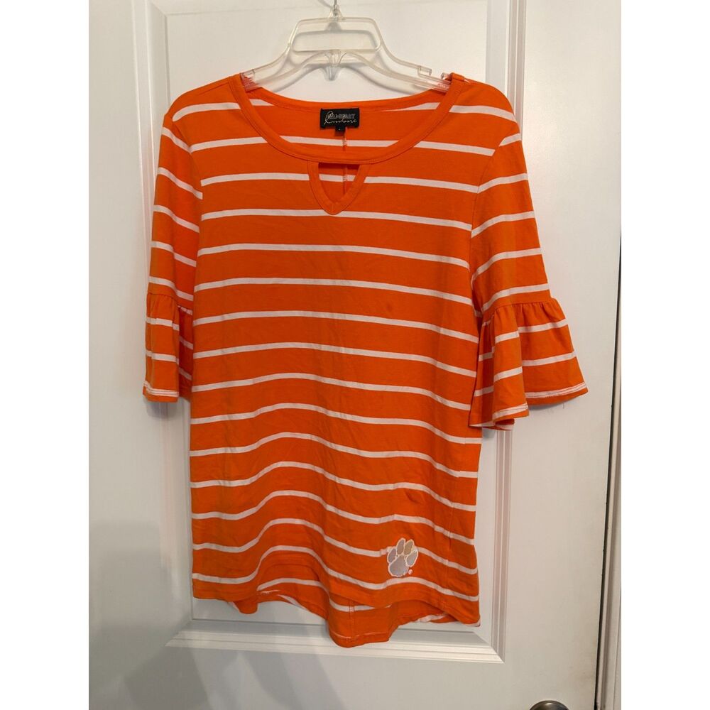 Clemson Gameday Couture Orange & White Striped Bell Sleeve Top – Size Large